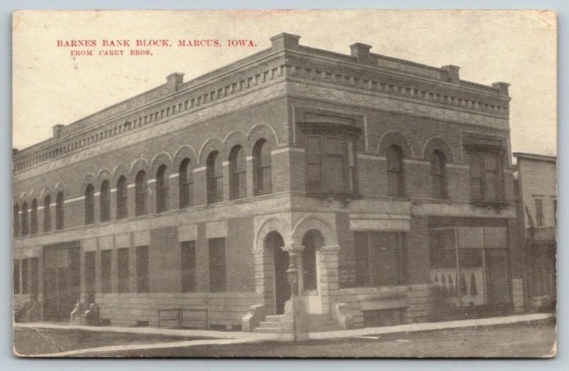 Marcus Iowa~Barnes Bank Block~Carey Bros Publisher~1909 B&W Postcard 