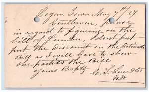 1887 Bill of Lumber Logan Iowa IA Clinton IA Blue Cancel Antique Postal Card