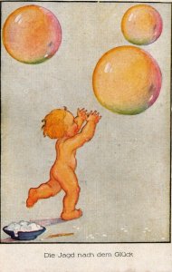 Die Jagd Nach Dem Glück Naked Boy Runs After Bubbles Vintage Postcard 08.83