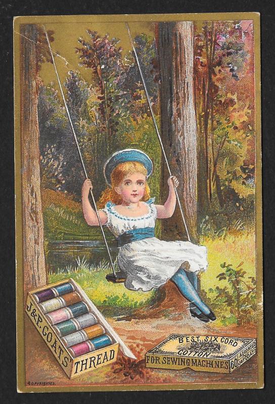 VICTORIAN TRADE CARD JP Coats Thread Pretty Girl in White Dress Swings at Tree