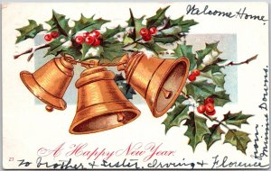 1907 A Happy New Year Holly Leaf & Bell Greetings Posted Postcard