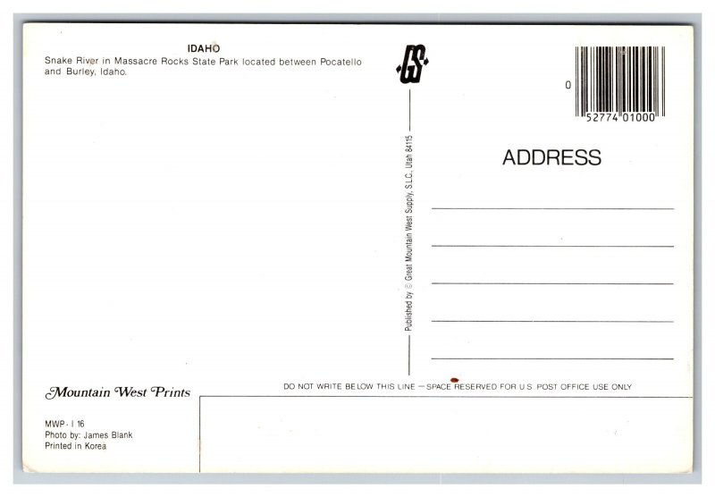 Snake River Massacre State Park Idaho Postcard Continental View