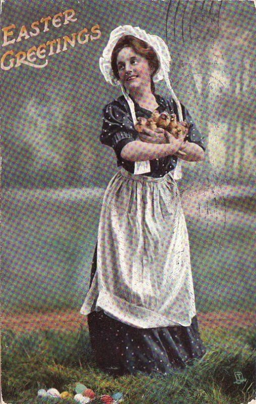 Postcard Easter Greeting Woman Holding Chicks 1909