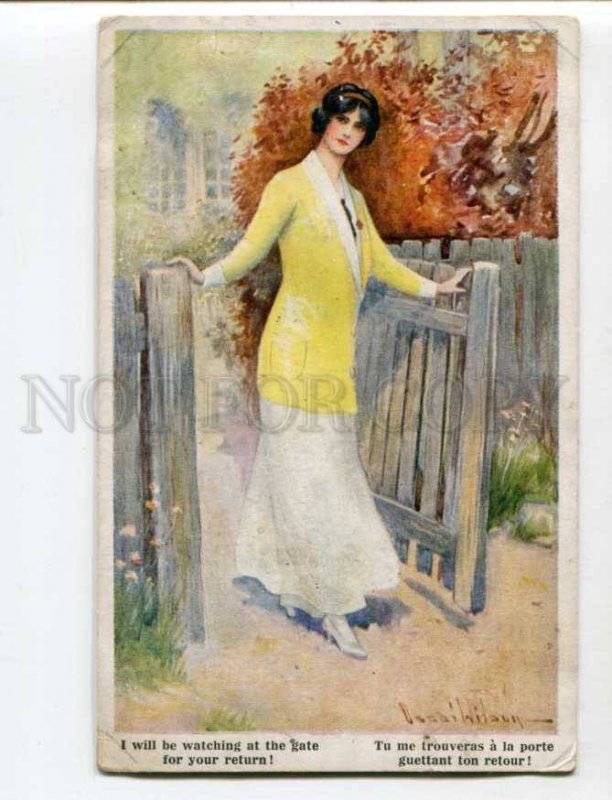 402643 FASHION Belle Girl Gate WAITING by WILSON vintage PC