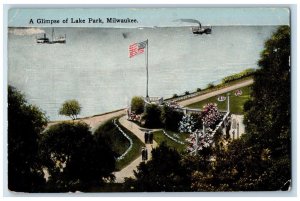 c1920 Glimpse Lake Park Steamer US Flag Milwaukee Wisconsin WI Vintage Postcard