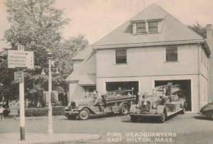 c.1940's East Milton Mass. Fire Station Fire Trucks Firemen Postcard 2T7-152
