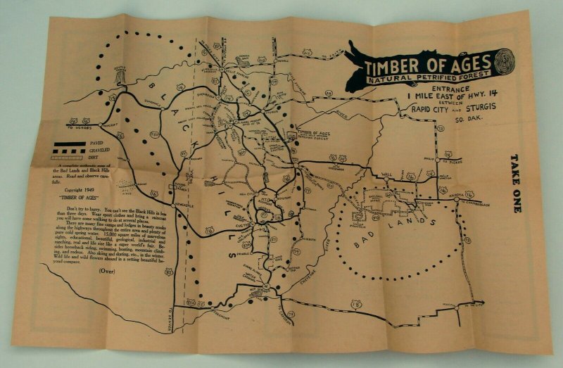 Vintage 1949 Timber of Ages Map, Petrified Forest Black Hills of South Dakota