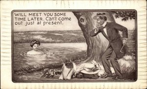 Fancy Man Spies Nude Woman Skinny Dipping COMIC Old Postcard