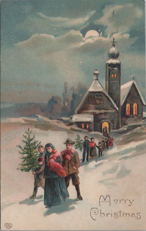 Postcard Christmas People Holding Christmas Trees Walking out of Church