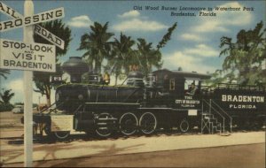 Bradenton FL Old Wood Burner Locomotive Train Linen Postcard