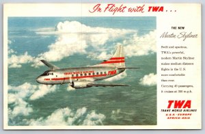 Transportation~TWA Airlines Airplane in Sky~1950s Postcard