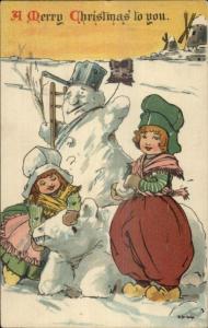 Christmas B. St. George Children Snowman & Snow Bear c1910 Postcard