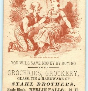 c1880s Berlin Falls, N.H. Stahl Bros Blissfully Unconscious Trade Card Coos C10