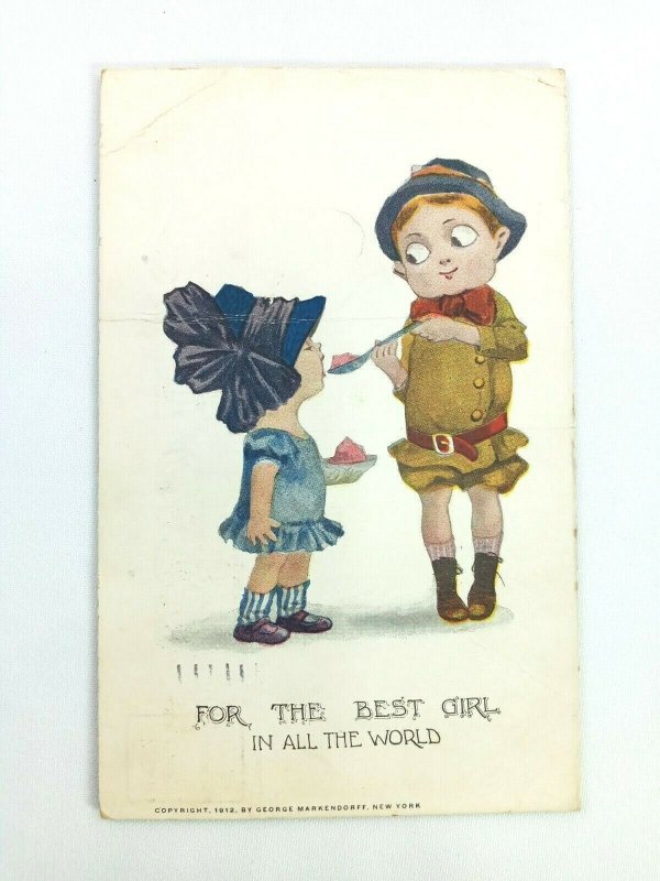 Vintage Postcard For the Best Girl in All The World Girl & Boy Posted 1912