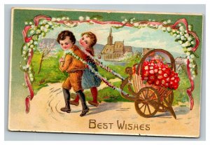 Vintage 1910's Greetings Postcard Kids Towing Basket Red Flowers Lacquer Face
