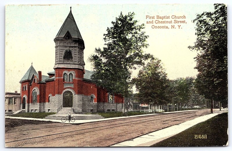 First Baptist Church And Chestnut Street Oneonta New York NY Religious Postcard