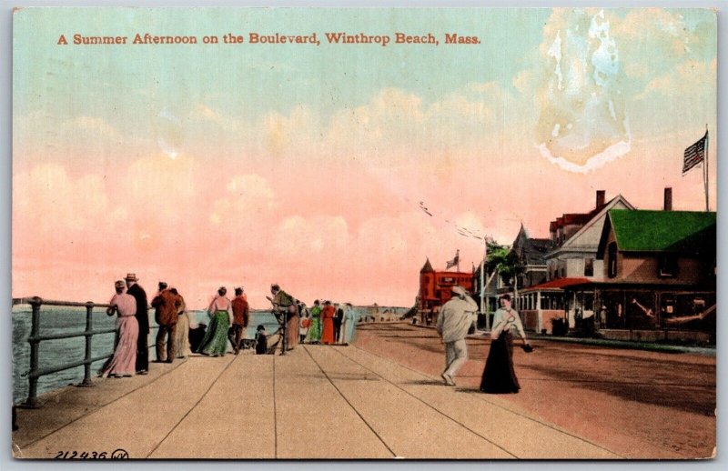 Vtg Winthrop Beach MA Summer Afternoon on the Boulevard 1910s View Old Postcard