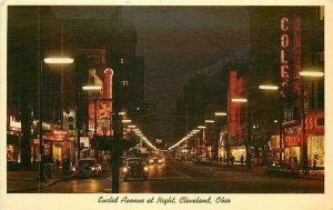 Cleveland Ohio Euclid Ave at Night Autos neon Klein Teich K-54 Postcard 22-1101