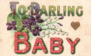 Vintage Postcard To Darling Baby Lettering Flower Petals Design Golden Heart