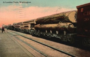 Vintage Postcard 1915 A Lumber Train Washington WA Railroad Station