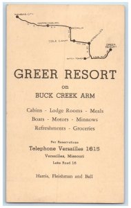 1947 Greer Resort Buck Creek Arm Cabins Lodge Map Versailles Missouri Postcard