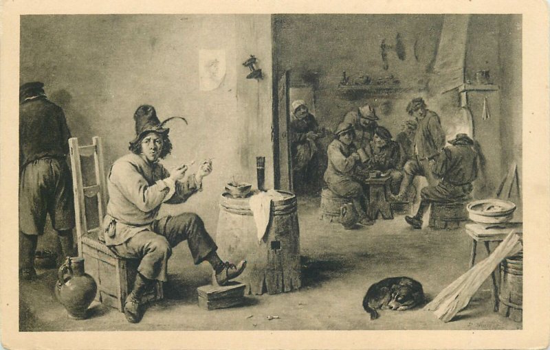 Art teniers der raucher drink smoke man cave room table dog Postcard