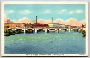 Lawrence Massachusetts~Central Bridge~Merrimac River~Vintage Linen Postcard