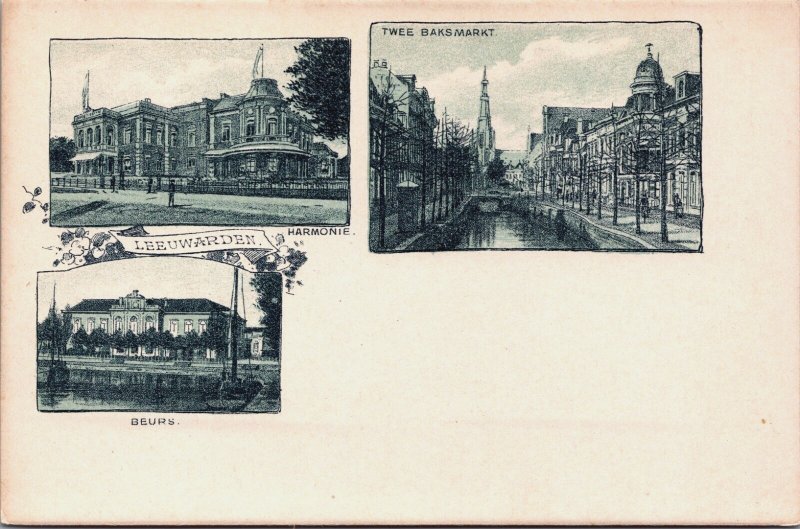 Netherlands Leeuwarden Harmonie Twee Bakmarkt Beurs Vintage Postcard C093