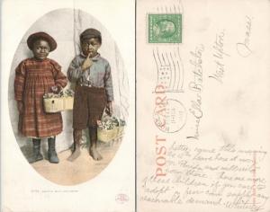 BASHFUL BILLY & SISTER BLACK AMERICANA 1912 ANTIQUE POSTCARD