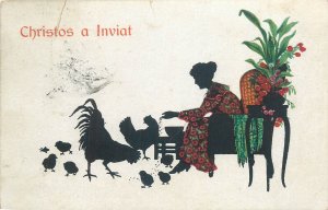 Easter greetings Romania 1936 woman feeding poultry hen & chicks silhouette 