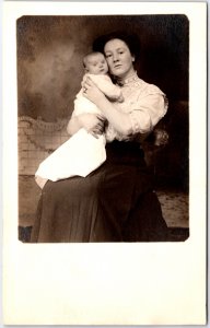 Woman with Pattern Blouse and Infant Child Baby Gown Portrait - Vintage Postcard