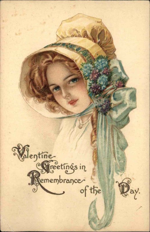 Valentine Beautiful Young Woman Hat & Ribbon Tuck Sunbonnet #214  Postcard