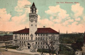 Vintage Postcard 1913 Clock City Hall Building Worcester Massachusetts Structure