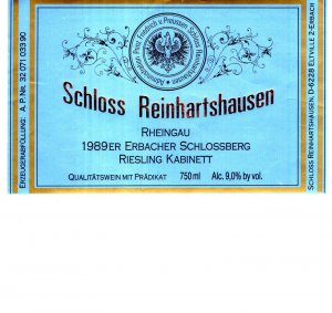 Schloss Reinhartshausen Rheingau 1989 Riesling, Original Vintage Wine Label