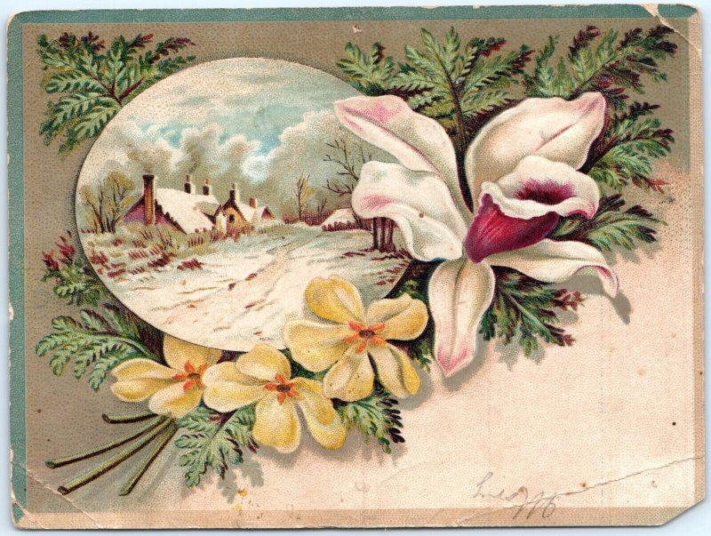 c1880s Royal Yeast 5 cent Large Trade Picture Card Snow House Flower Embossed 5N