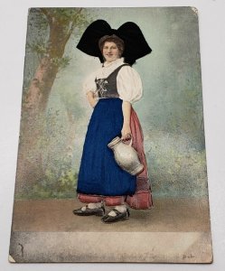 European Lady With Jug Silk Embellished Clothing Vintage German Postcard C4