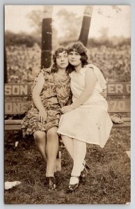 RPPC Two Young Flapper Girls Hugging On Park Bench Real Photo Postcard Q23