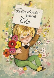 Little Boy.Flowers.Bird. Felicidades querida Tia  Modern Spanish Greetings PC