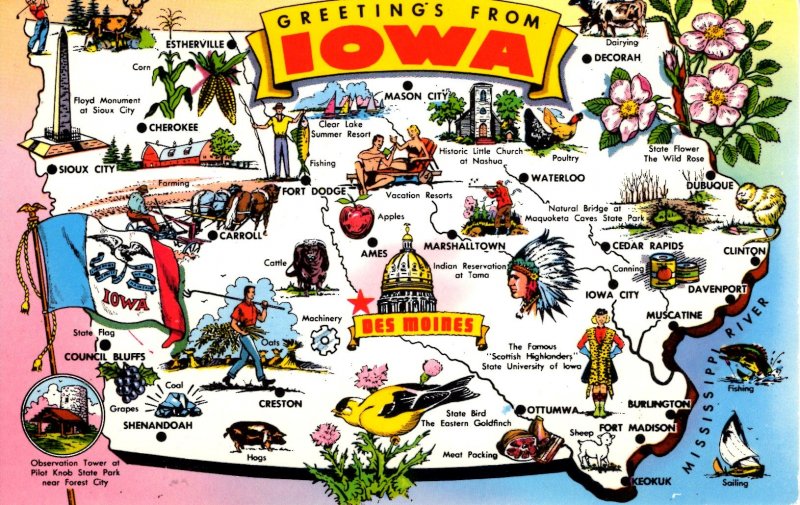 Greetings from Iowa - State Map - The Hawkeye State - c1960