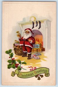 1916 Christmas Greetings Santa Claus Sack Of Toys Chimney Embossed Postcard