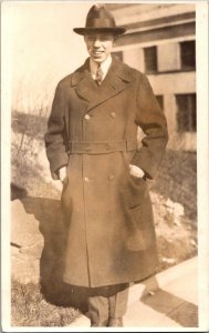 Vintage Real Photo Postcard of Gentleman in Trench coat and Top Hat