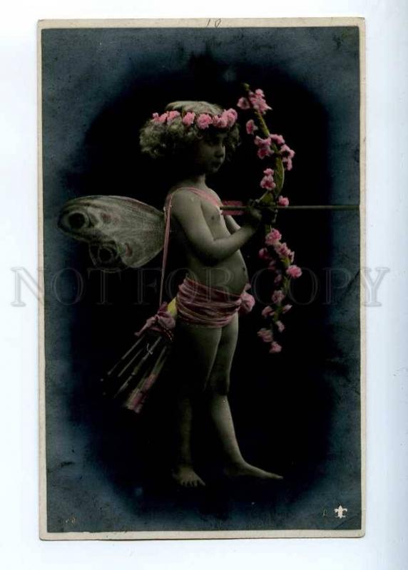 227015 Nude FAIRY Elf Girl CUPID Archer Vintage PHOTO tinted