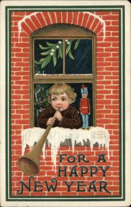 New Year Int'l Art Little Boy with Toy Soldier and Bugle c1910 Vintage Postcard