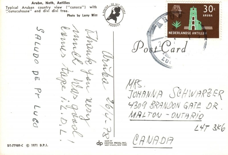 VINTAGE CONTINENTAL SIZE POSTCARD ARUBA NETH ANTILLES