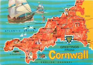 Cornwall greetings uk map postcard