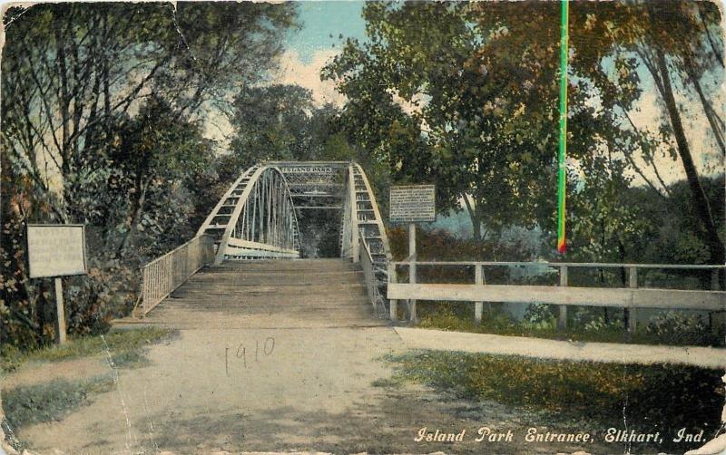 Elkhart Indiana~Island Park Entrance Bridge~Board Walk~Notice Sign~1910 Postcard 