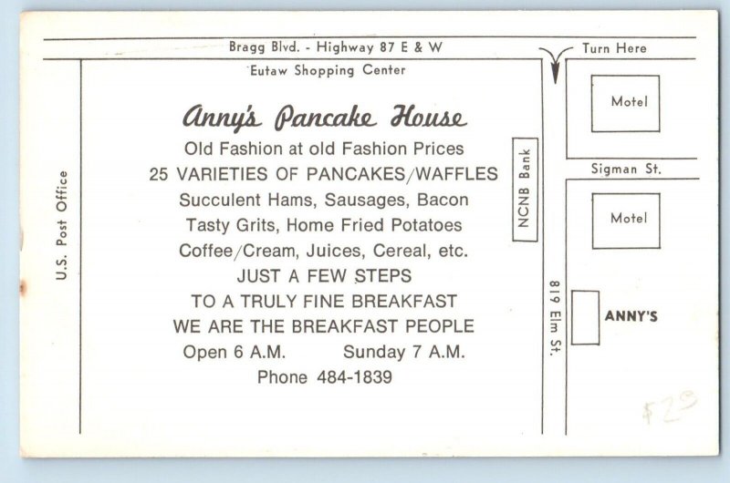 Fayetteville North Carolina Postcard Anny's Pancake House Elm Street Center 1960