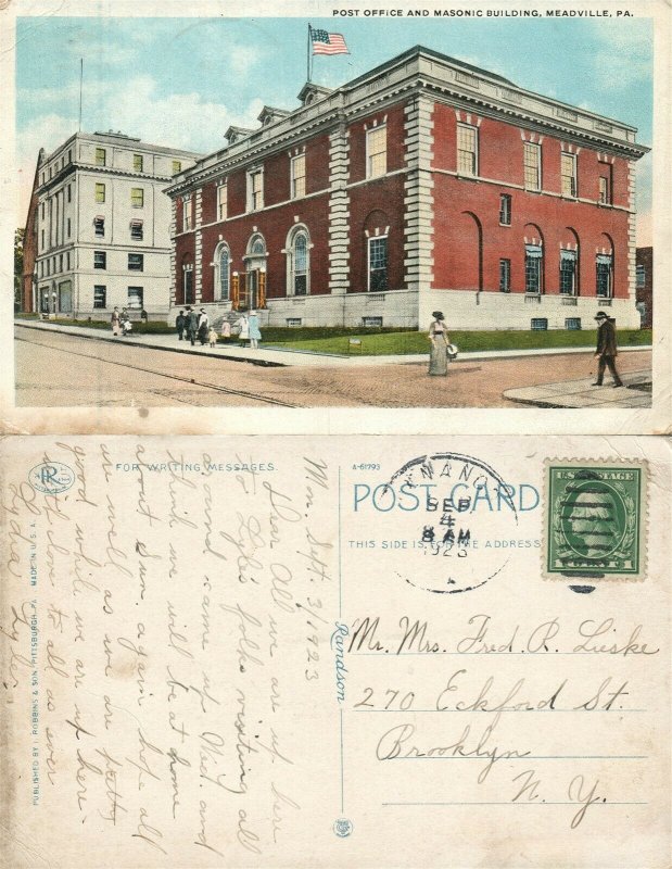 MEADVILLE PA POST OFFICE & MASONIC BUILDING 1923 ANTIQUE POSTCARD w/ CORK STAMP