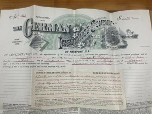 Antique 1886 German Insurance Company Freeport Ilinois Warsaw Indiana Contract