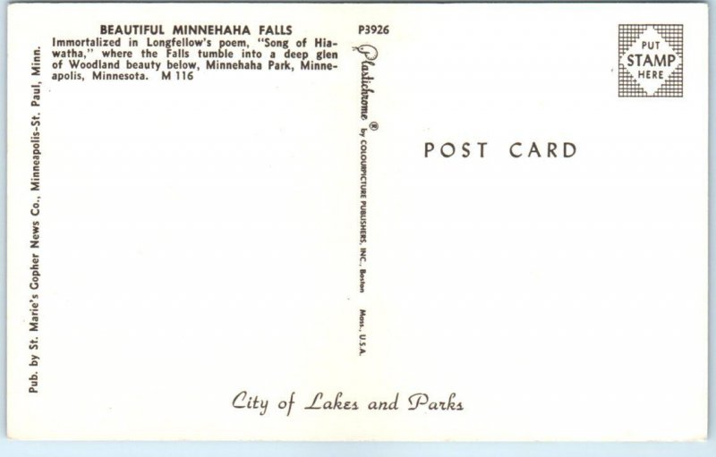 Postcard - Beautiful Minnehaha Falls, Minnehaha Park - Minneapolis, Minnesota